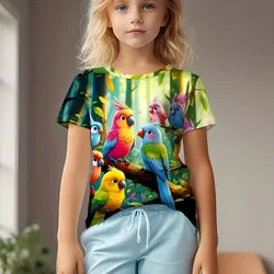 Children's Clothing Girl T-Shirts Short Sleeve Children's T-Shirts Cartoon Bird Print Creative O-Neck Tops Kids Summer Clothes