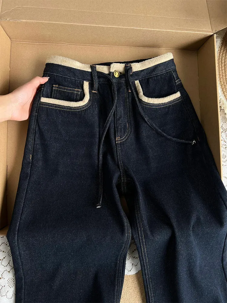 Jean Denim Rétro en Peluche pour Femme, Pantalon à Jambes Larges, Bleu Profond, Décontracté, Style Paresseux, Conception à Fermeture Éclair String, Mode Hiver, Nouveau