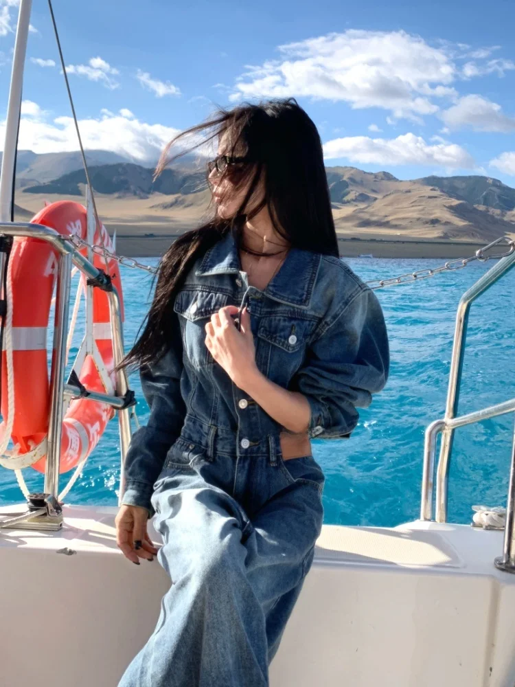 

Комбинезон Long Sve в американском стиле в стиле ретро, женские осенние утягивающие джинсовые брюки длиной до пола с высокой талией