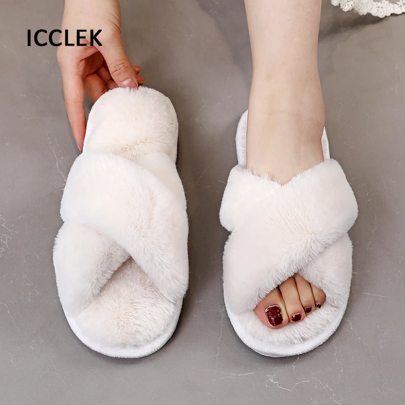 Women Warm Fluffy Slippers Cozy Faux Fur Cross Indoor Floor Slides Flat Soft Plush Furry Slippers Ladies Female Flip Flops