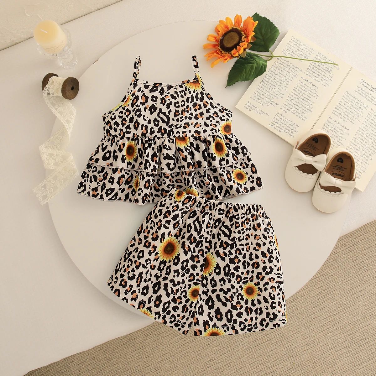 2pc/Set Baby Girl Set Summer Cotton Sunflower Leopard Print Tank Top Shorts Baby Set Fashionable Casual Baby Clothing