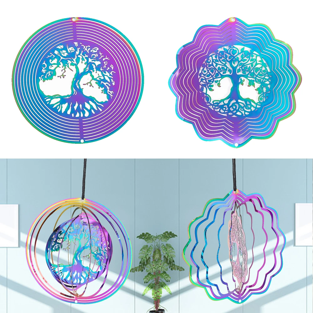 

2PC 10cm Colorful Tree of Life Wind Chime Spinner Laser Cut Stainless Steel Sequin Garden Reflective Pendant Bird Scare Repeller