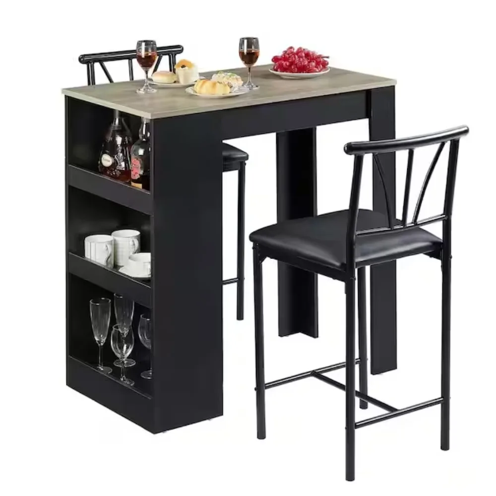 Meja dan Kursi Bar Kecil, Set Makan untuk 2, Rak Penyimpanan, Hemat Ruang, Set Makan Retro, Abu-abu