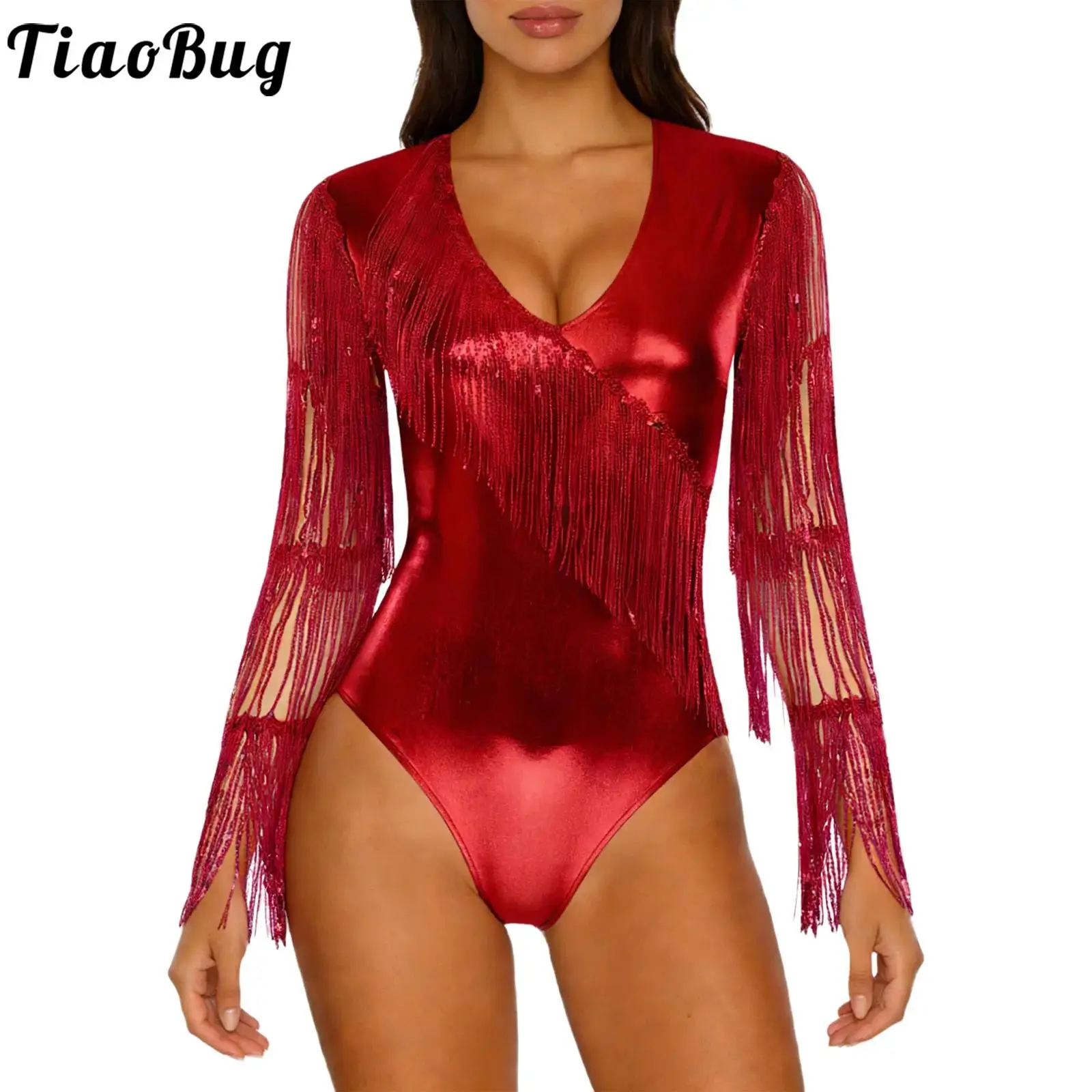 

Women Metallic Tiered Sequin Tassel Bodysuit Raves Party Costume V Neck Mesh Long Sleeve Bodycom Jumpsuit Jazz Pole Dancewear