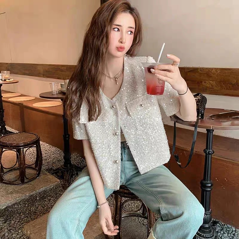 Dames elegant glanzend lovertjes tweed jasje met korte mouwen dame zomer streetwear o hals enkele rij zakken losse uitloper