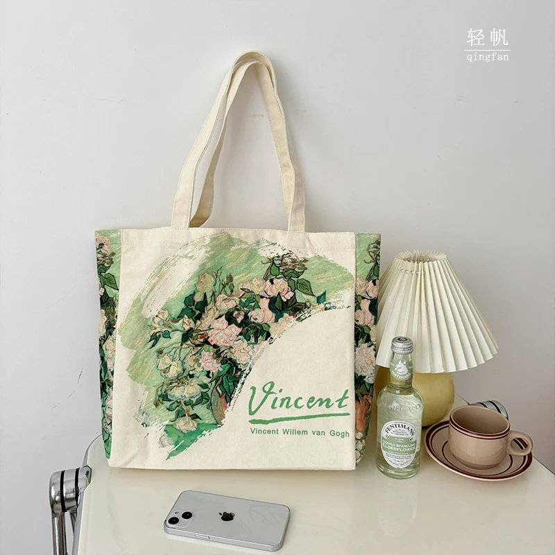 Light sail Van Gogh white rose oil painting canvas bag for men and women large capacity class book bag custom logo advertising