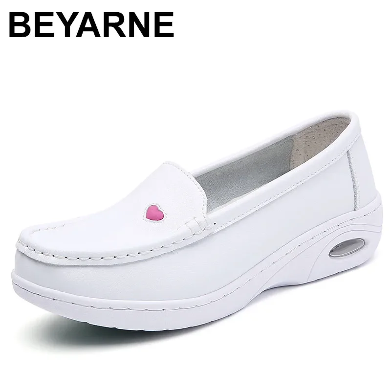 New Women Flat Leather Shoes Casual White Wedge with Soft Bottom Slip on Love Heart Comfortable Mom Nurse Work Shoes