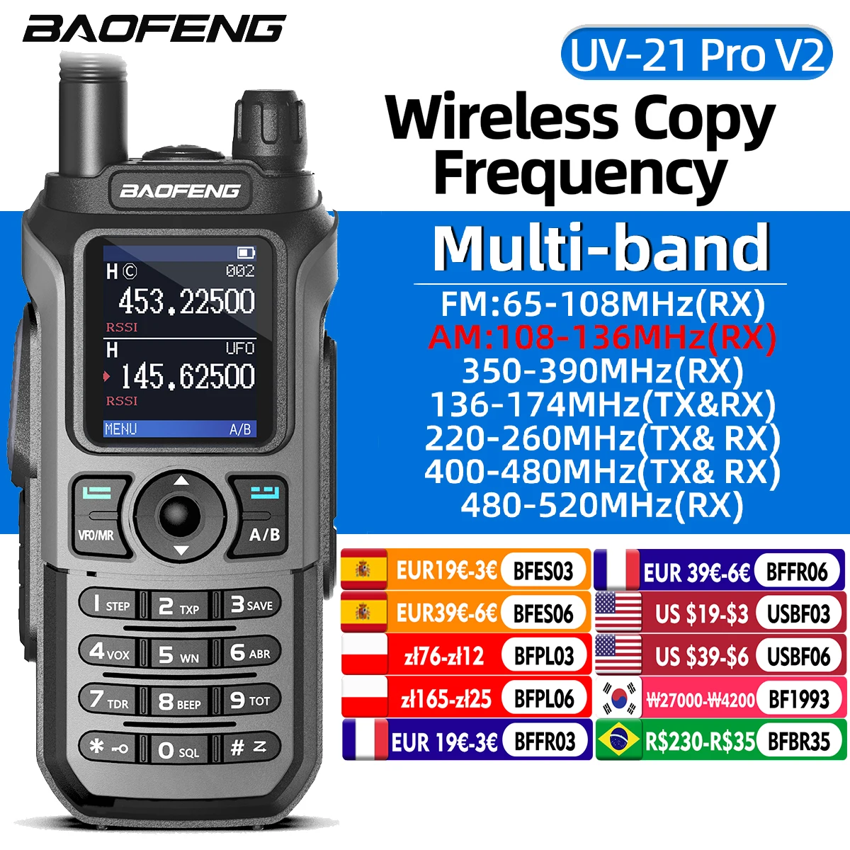 Baofeng UV-21 Pro V2 워키토키, 멀티 밴드 무선 복사 주파수, 방수 장거리 C타입 양방향 라디오, 캠핑용 