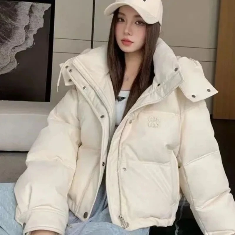 PU Leather Wintertime Short Female Disposable Hooded Down Jacket Loose New Style Fashion Bread Maillard Coat Leather Jacket