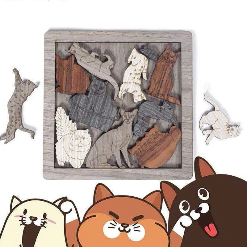 

Уникальные деревянные пазлы для любителей кошек: головоломки для взрослых и детей, мальчиков и девочек, развивающие логику и интеллект, обучающий подарок