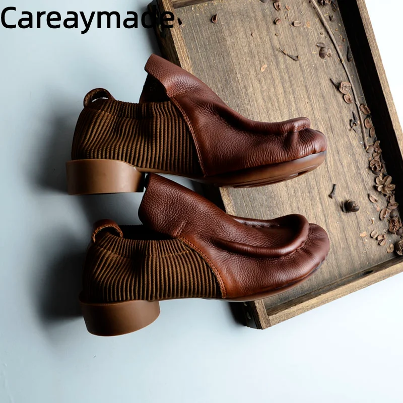 Careaymed-Prawdziwa skóra retro damskie buty z lekkimi ustami z kwadratowym noskiem miękka podeszwa wygodna dopasowana damska niski obcas buty