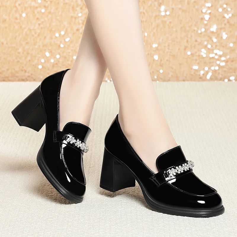 New High Thick Heels Dress Shoes Pointed Toe Woman Pumps Black Medium Heel Patent Slip on Square Heel Leather Shoes Versatile