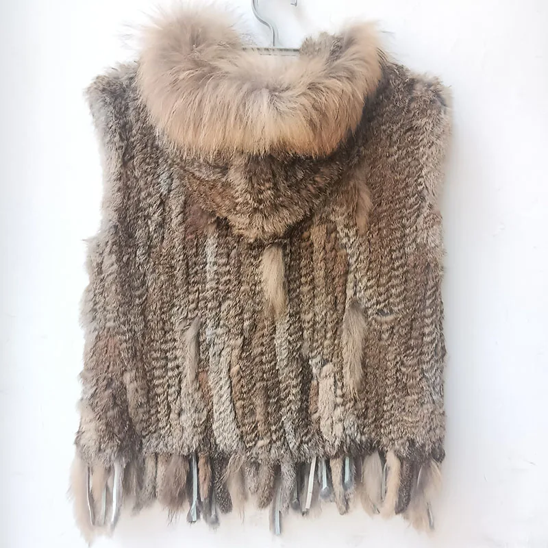 Gilet à capuche en fourrure de lapin véritable pour femme, glaçure en fourrure de raton laveur véritable, mode, vêtements d'extérieur en fibre de lapin véritable