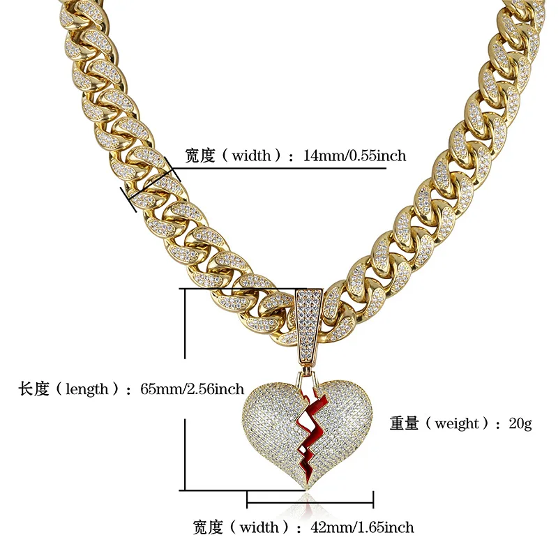 Micro Paved AAA+ Cubic Zirconia Bling Ice Out Big Lock Broken Heart Pendants Necklace for Men Hip Hop Rapper  Jewelry