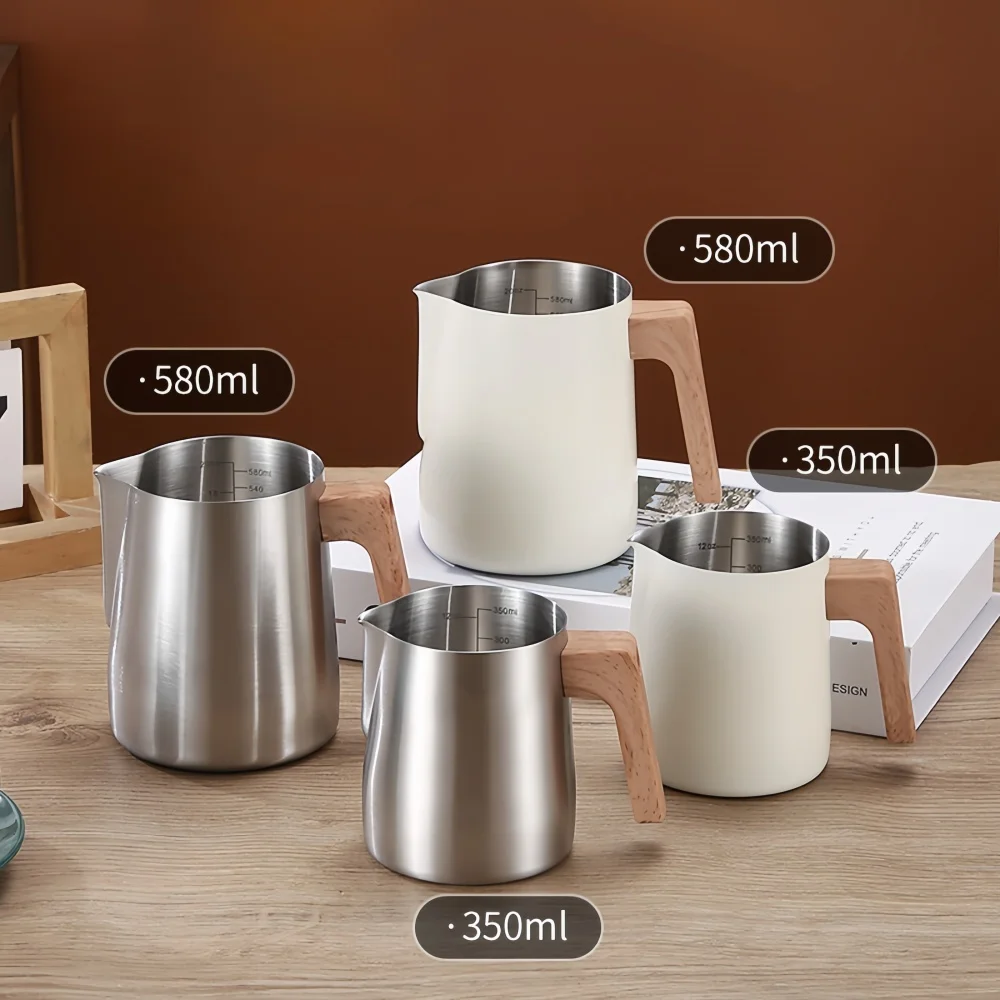 Coffee Milk Frothing Pitcher Jug 304 Stainless Steel Precision Scale Anti-scald Wood Grain Handle Professional Coffee Utensils