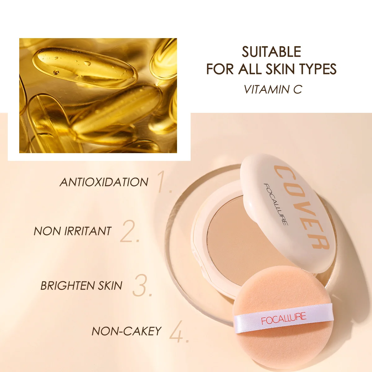FOCALLURE Oil Control Matte Face Press Powder Foundation High Coverage Lightweight Non-cakey Natural Concealer Makeup Cosmetics