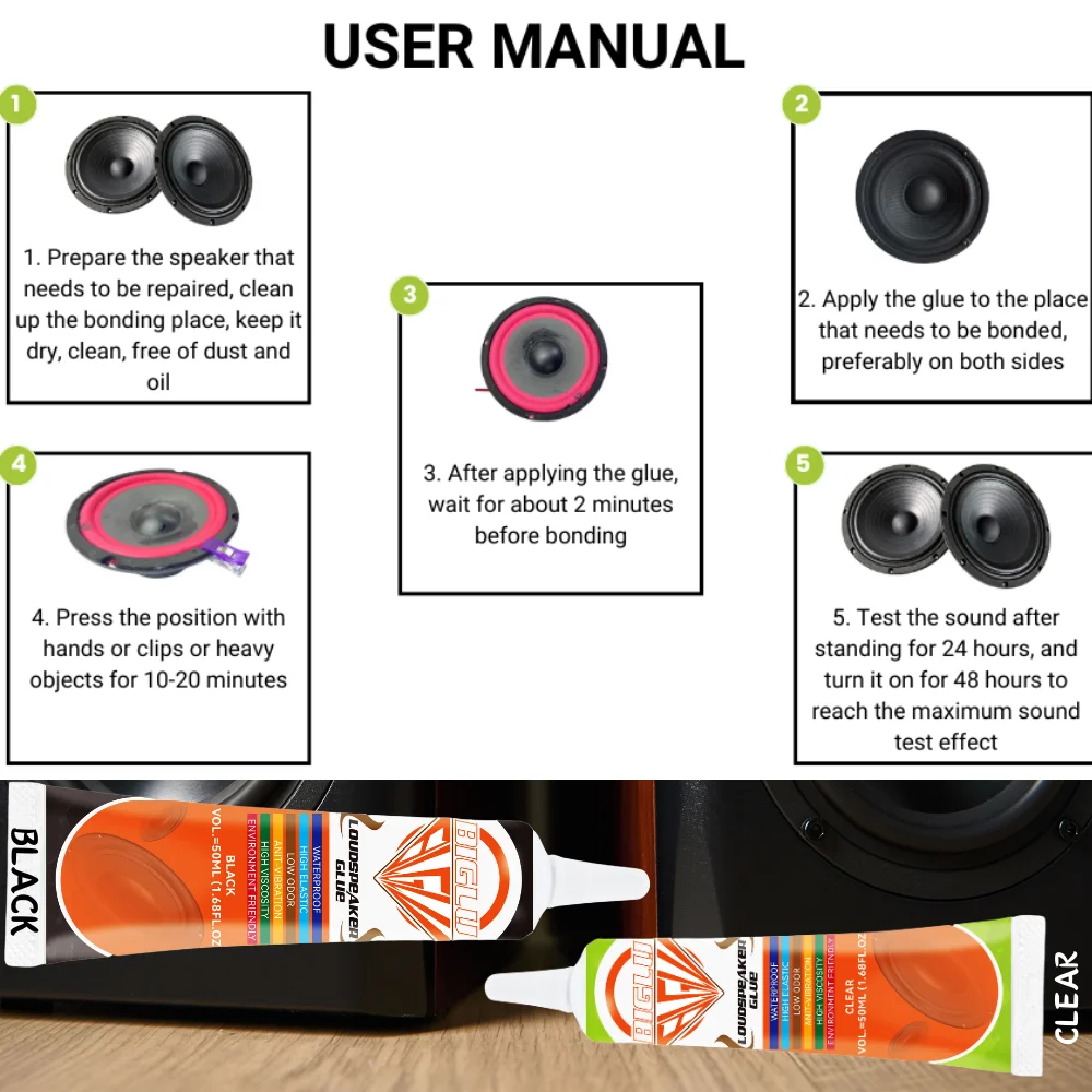 BIGLU 15/50ML Black / Clear Loud Speaker Repair Glue Foam Side Dust Cap Rubber Edge Cone Basin Strong Adhesive