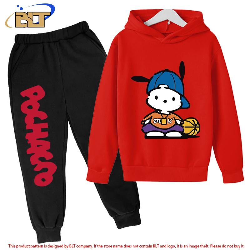 Pochacco-Ensemble sweat à capuche et pantalon en peluche pour enfants, sweat-shirt de sport rouge, adapté aux garçons et aux filles, ensemble 2 pièces