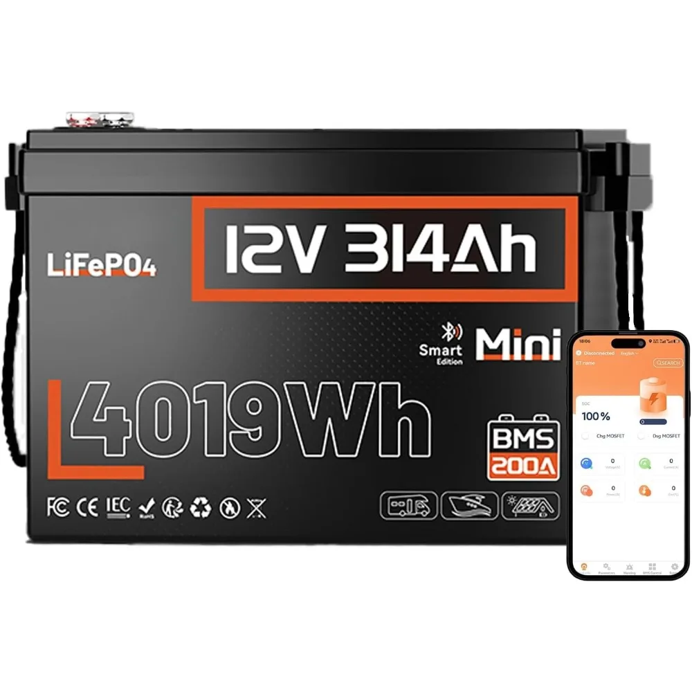 

12V 300Ah (314Ah) LiFePO4 Lithium Battery Mini Size, Bluetooth 200A BMS, 15000+ Deep Cycles, Low-Temp Protection – for RV,Marine