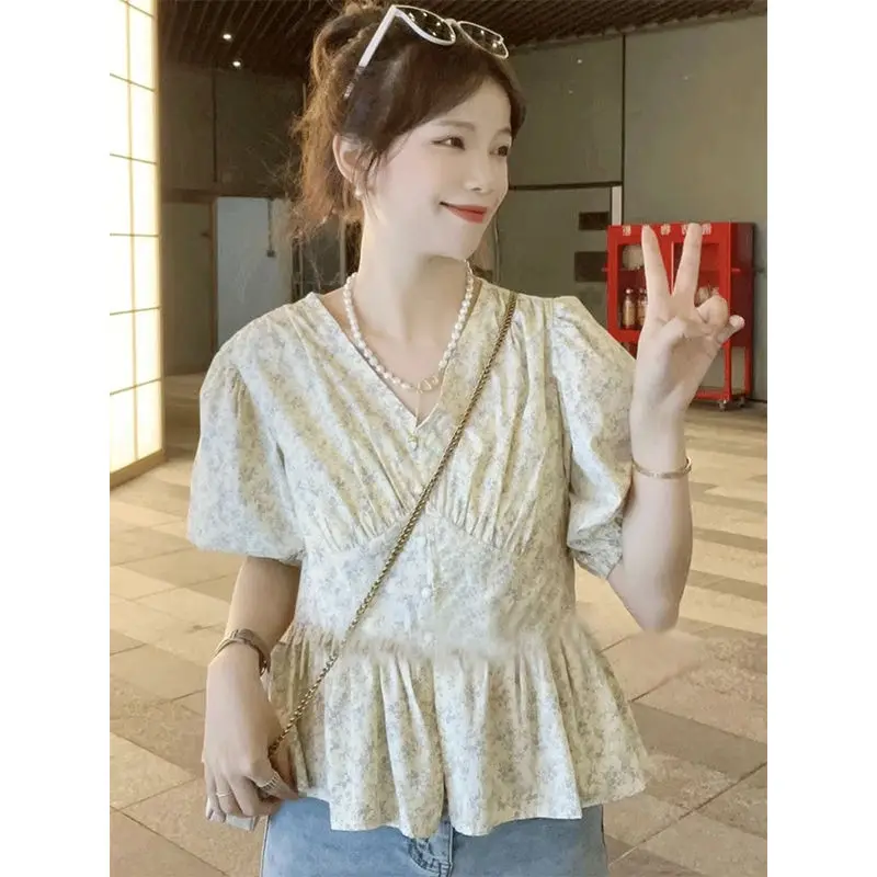 

Femme Summer All-match Printing V-neck Puff Sleeve Tops Women Clothes Temperament Appear Thin Button Chiffon Short Sleeve Tops