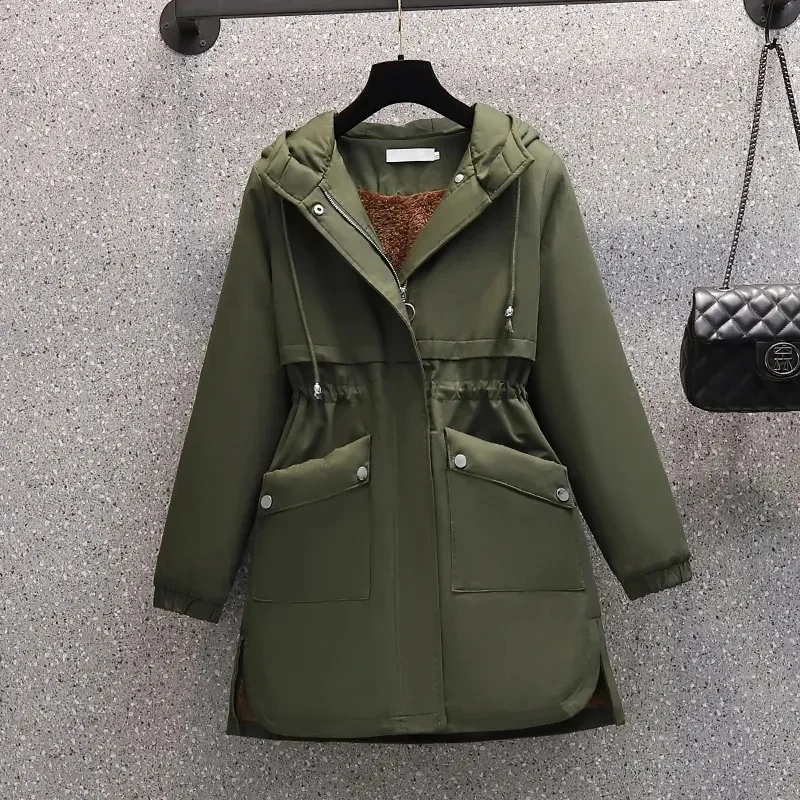 

Women Parkas Cotton Coat Mid-Long Casual Hooded Jacket Loose Add Velvet Drawstring Zipper Warm Winter Coat Overcoat Female Parka