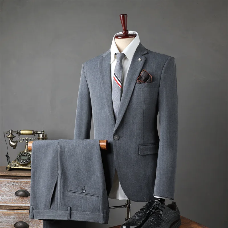 

Man 2-piece Suits Striped Turn Down Collar Single-breasted Blazer Men Straight-leg Pant Male Slim Breathable Wedding Suit Outfit