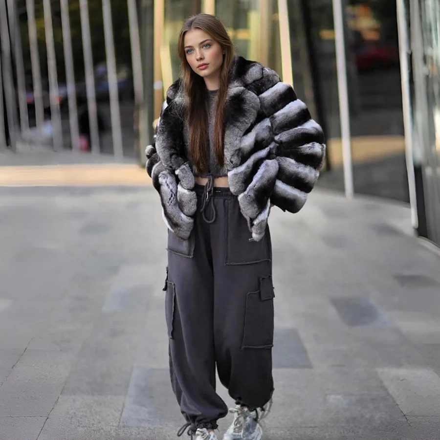 Chichilla Rex Rabbit Fur Coat Short Real Fur Coat With Suit Collar For Women Furry Jackets High Quality Genuine Leather Jacket