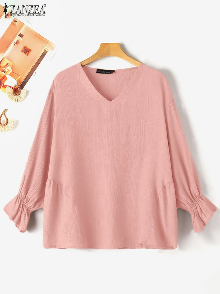 ZANZEA 2024 Summer Women Solid Chic Blouse Vintage Long Sleeve V-neck Shirts Fashion Casual Loose Holiday Tops Tunics Oversized