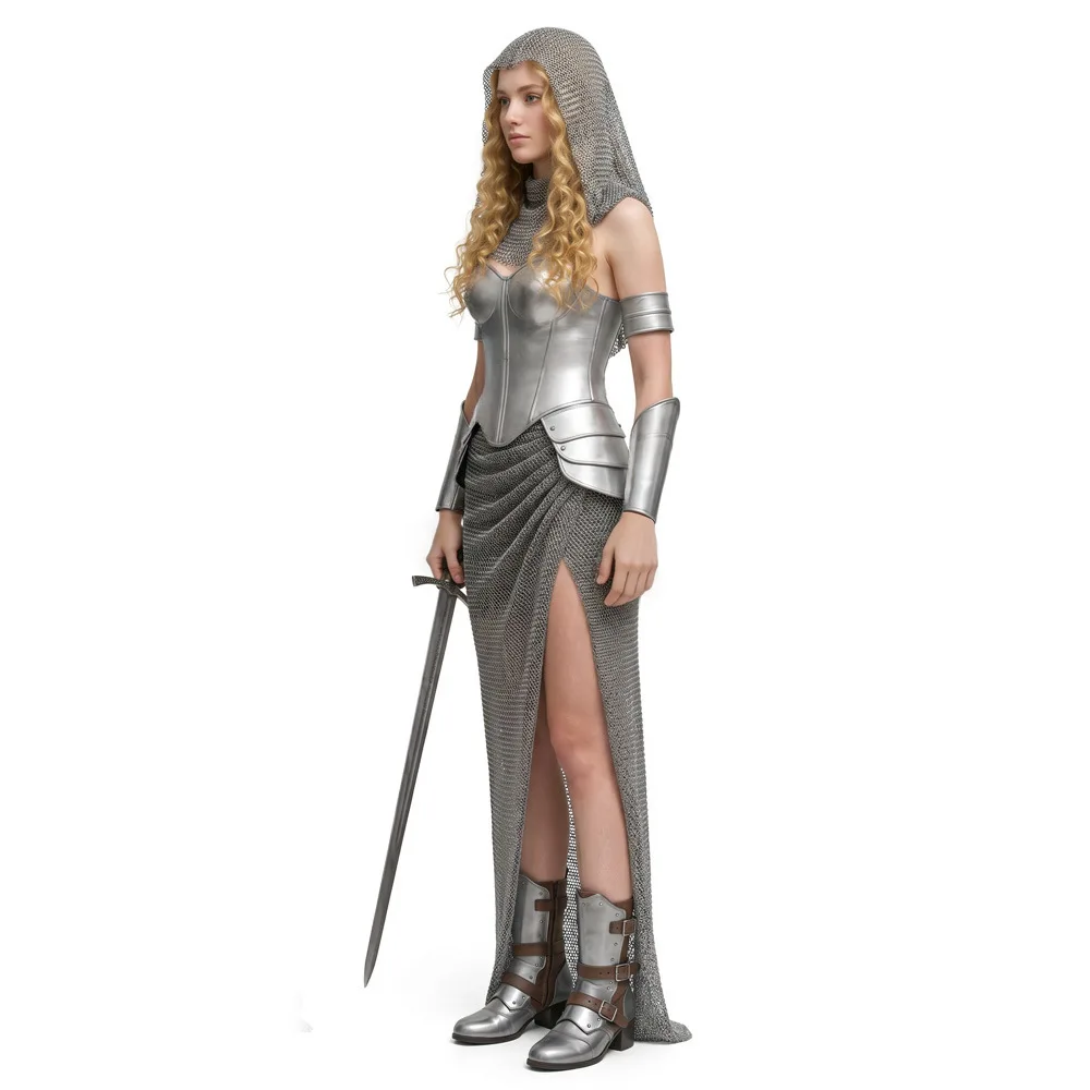 Medieval Women Knight Cosplay Retro Chain Mail Hooded Armor Top Skirt Bracelet Outfits Halloween Carnival Party Suit for Female - view 4