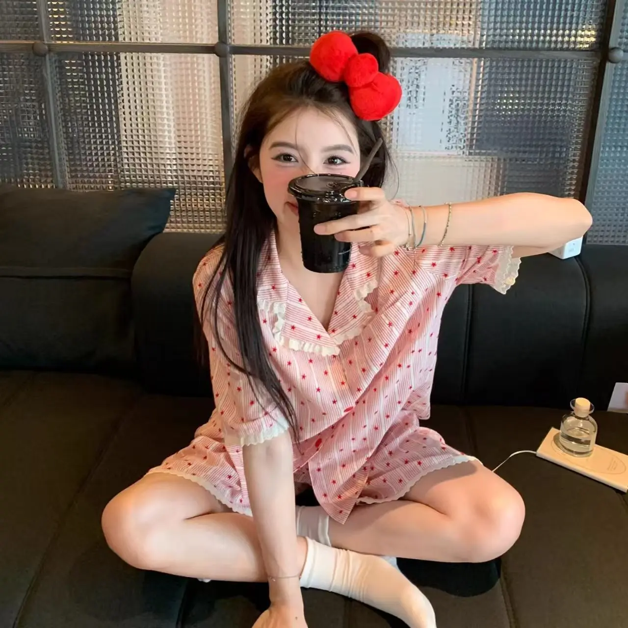 Y2K Fashion Pink Striped Star Print Pajama Set Women Lace Ruffle Collar Short Sleeve Loose Breathable Soft Cotton Loungewear