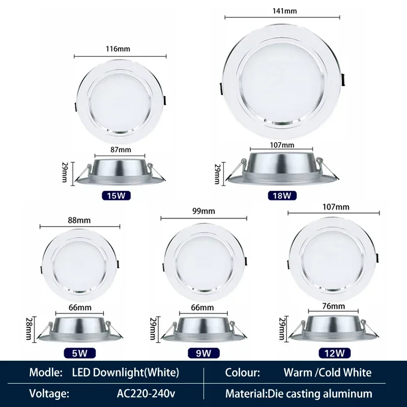 Redonda Ultra Fino Alumínio Recesso Lâmpada, LED Downlight, Spot Iluminação, Lâmpada Interior, 5W, 9W, 12W, 15W, 18W, 220V-240V, 6pcs por lote