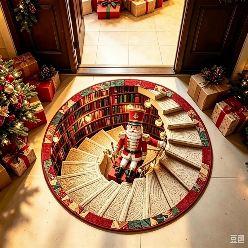 Alfombra Redonda Navideña con Ilusión 3D de Escalera de Santa, Tapete Impreso para Estantería, Decoración Interior para el Hogar en Navidad