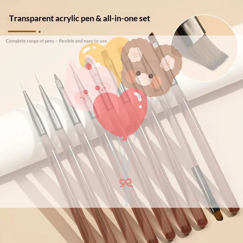 1/9Pcs Professional Acrylic Nail Brush Set Semi-transparent Nail Art Brush Nail Line Draw Waterproof For Home DIY Manicure Salo