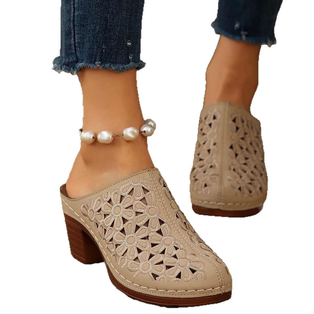 Women Floral Cutout Mules Clogs Vintage Hollow Embroidery Block Heel Slip On Backless Sandals Casual Closed Toe Shoes - view 5