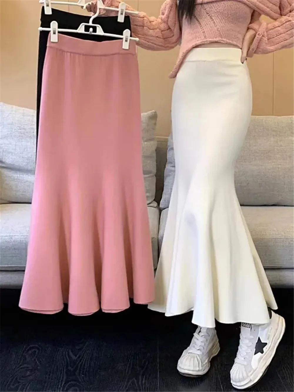 

Knitting Skirts For Women Fashion High Waist Slim Trumpet Mermaid Skirts Office Ladies Casual Elegant Ankle Length Long Skirt