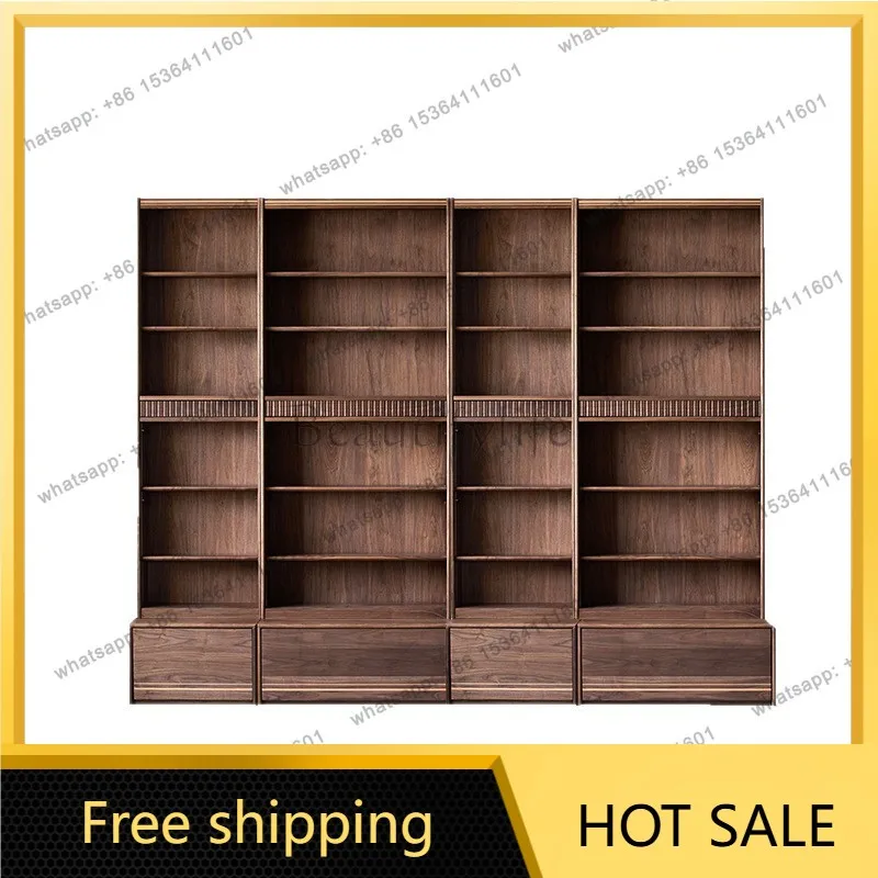 Factory Direct Sales North American Black Walnut Solid Wood Bookshelf Combined Cabinet Integrated Whole Wall Living Room