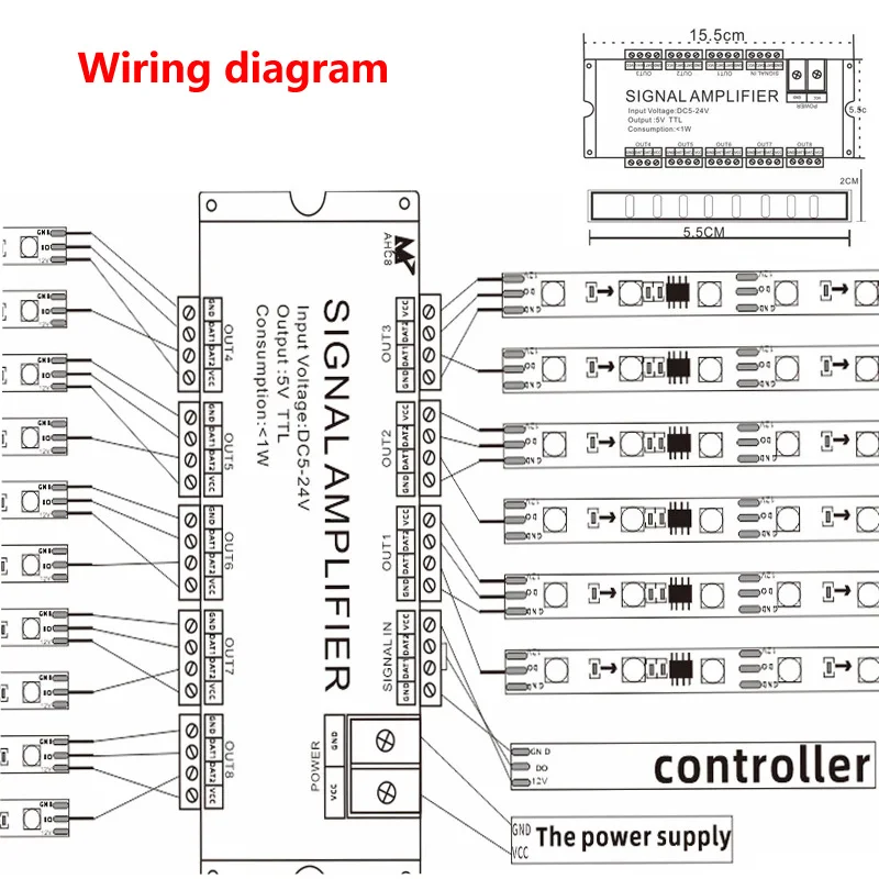 8-Channel Signal LED Amplifier For 2812B/WS2815/WS2813/WS2811 Pixel RGB Addressable LED Strip Light 5V TTL Output DC 5-24V