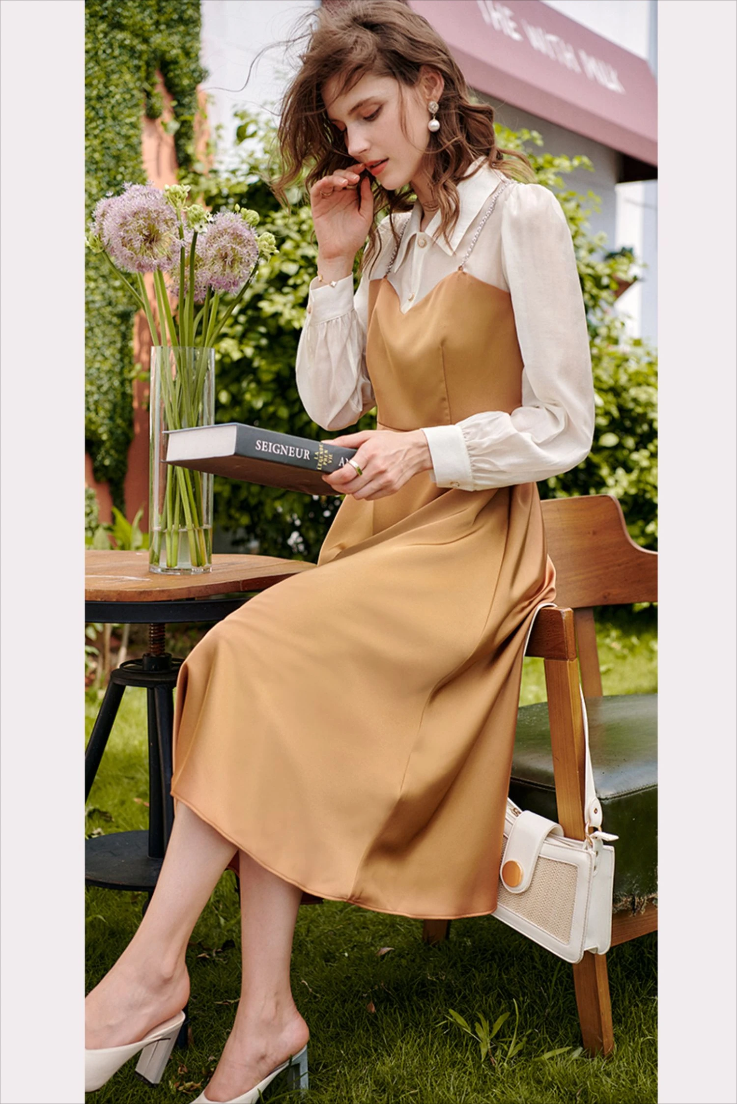 OLrain Autumn Patchwork Dresses 2025 Woman Lyocell A-line 2 in1 Spliced Turn Down Collar Office Wear Elegant Dress O21QL53513