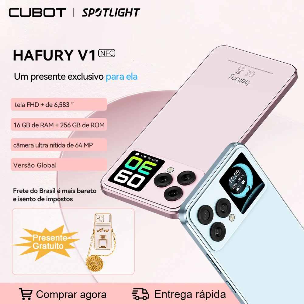 [Envio do Brasil] Cubot Hafury V1, smartphone Android, Octa-core, 16 GB de RAM (8 GB + 8 GB estendidos), 256 GB de ROM, tela dupla, câmera de 64 MP, NFC, versão global, Duplo SIM Duplo 4G celular, celulares em promoção