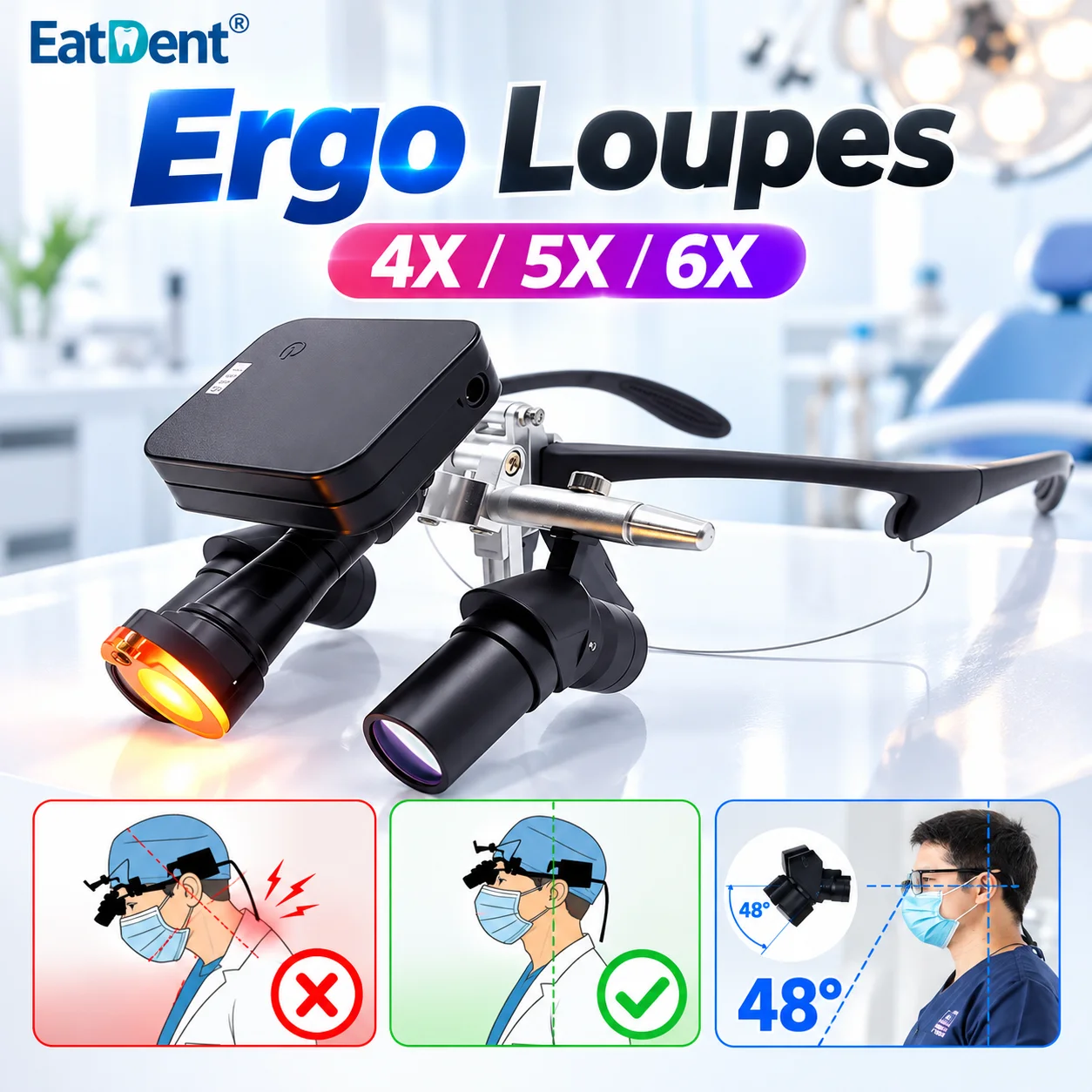 4X/5X/6X Dental Ergo Loupes 48° Ergonomic Surgical Magnifier Binocular Loupes With Headlight Dentistry Lab Optical Loupe Tools