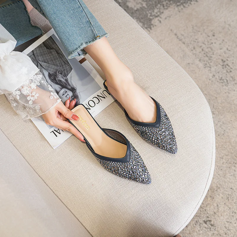 2023 New Summer Female Mules Sandals Rhinestones Half Slippers Outside Wear Large Size 41-43