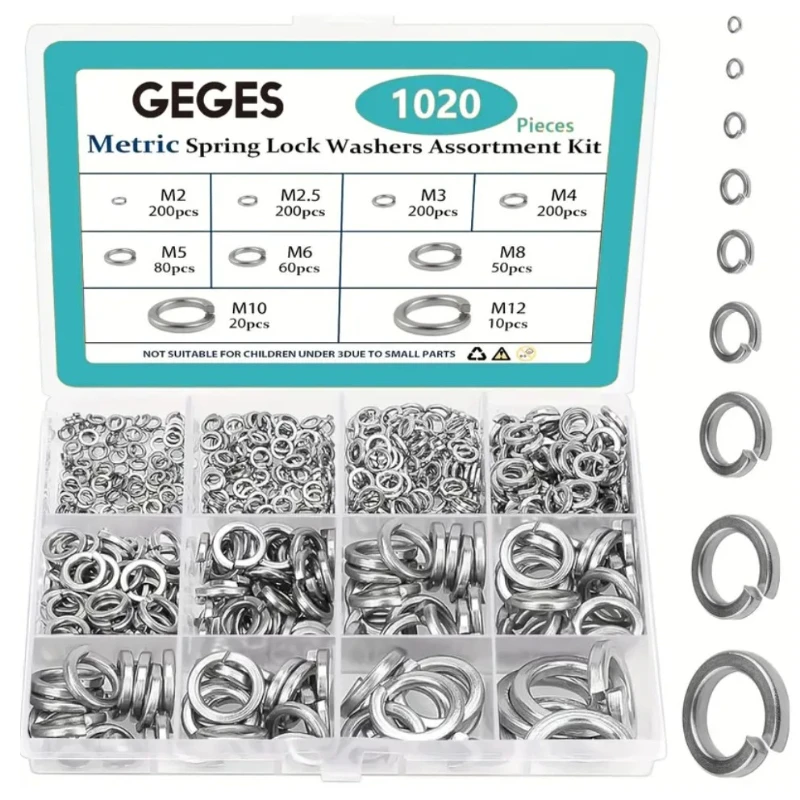 1020/620 pieces 304 stainless steel spring washers assortment kit, 9 sizes M2 M2.5 M3 M4 M5 M6 M8 M10 M12