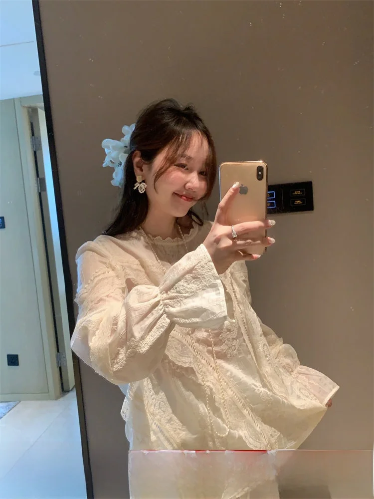 

TheWangs Lace irt Women's Spring Loose Personali Long Sve Casual Sle Faionable Top Quali Silk Material