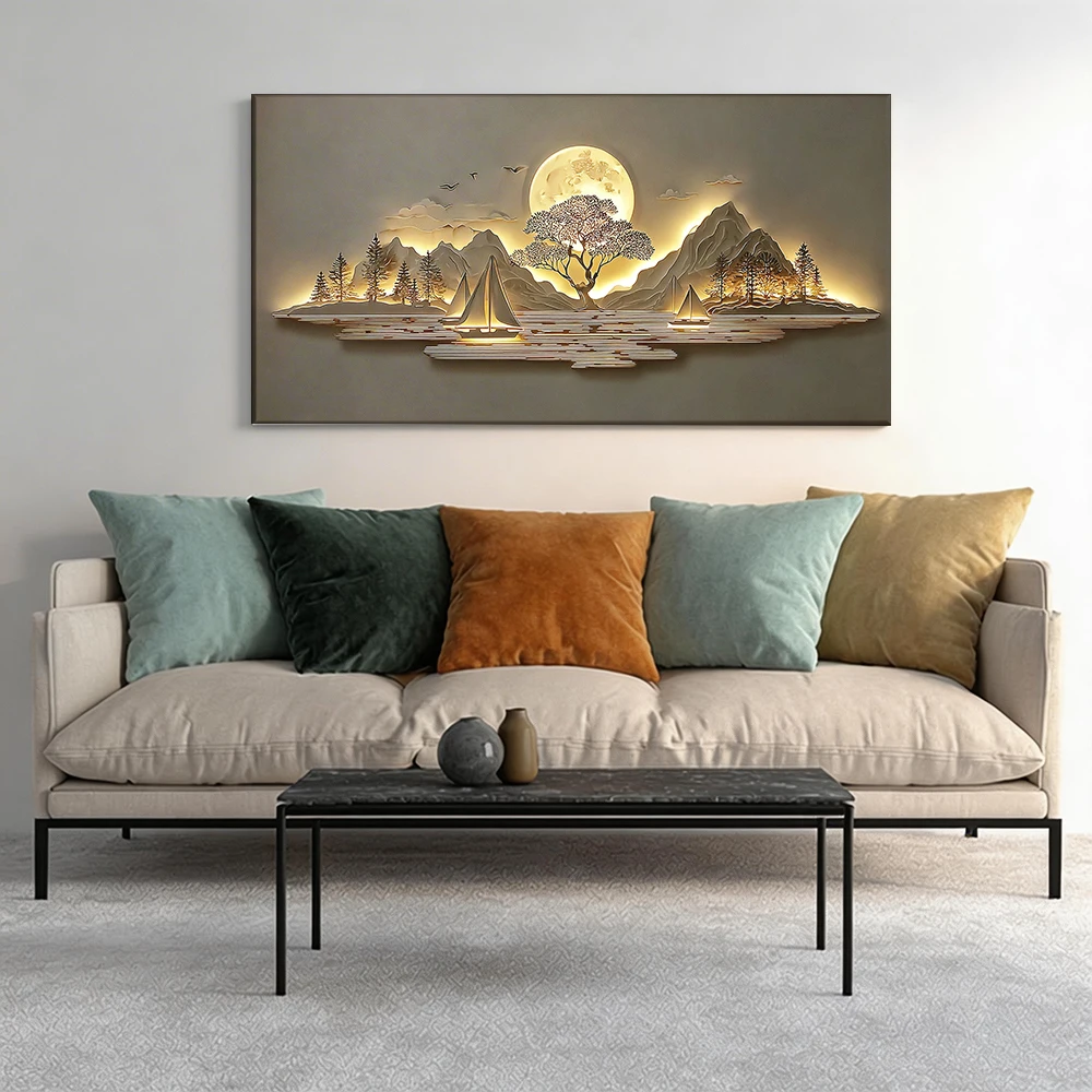 Cuadro de lienzo con marco de madera maciza de gran tamaño, 1 pieza, paisaje: luna, montañas, barcos.