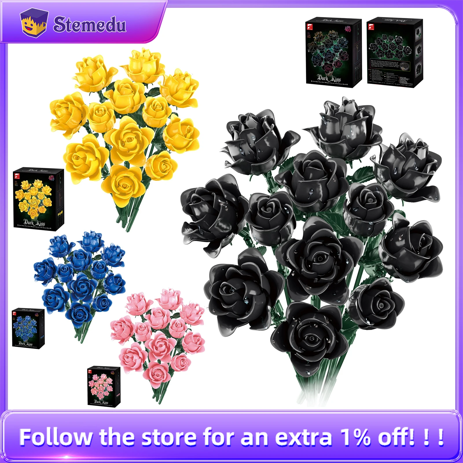 

12PCS Building Block Black Rose Bouquet Simulation Roses Plant 4 Colors Unique Gothic Home Decor Photo Props Toys Holiday Gifts