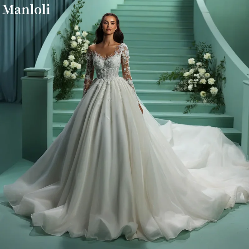 

Свадебное платье «Принцесса» с длинным рукавом, элегантное кружевное, в стиле дворцового бального платья, фасон А-силуэт, на заказ