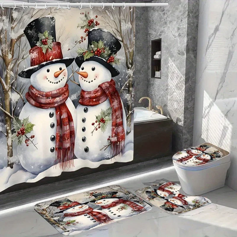 Christmas Bathroom Decor Set with Waterproof Polyester Bath Ensemble, Snowman Theme, Includes 12 Hooks, Non-Slip Toilet Seat Cov