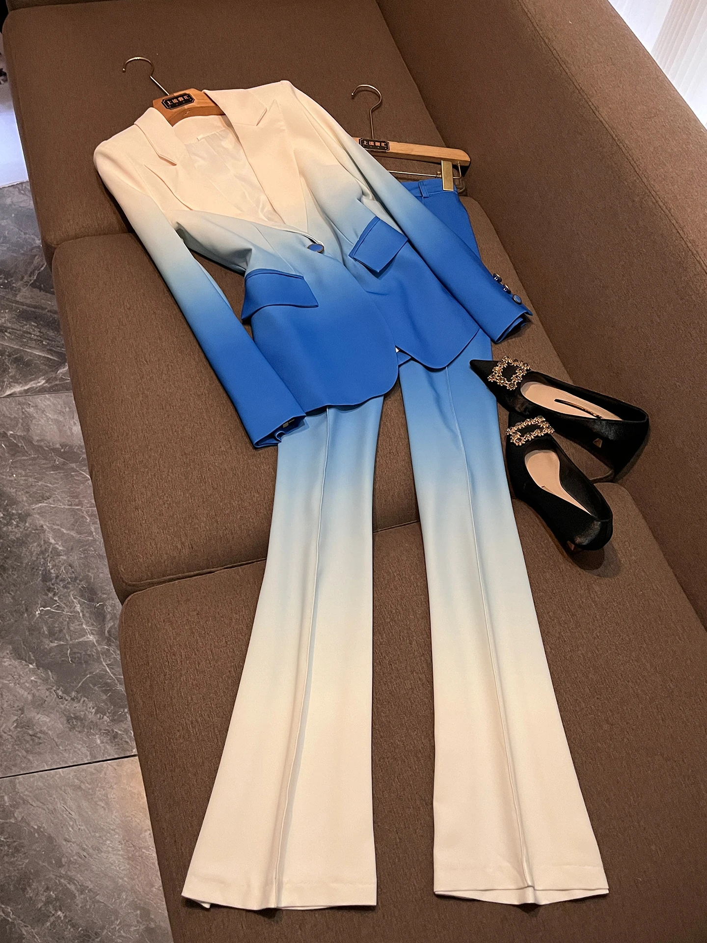 

2026 New Celebri Faion adient Color Slim Fit Suit Pants Set Women Two Piece Set A923 High Waist Long Sve Commute Sle