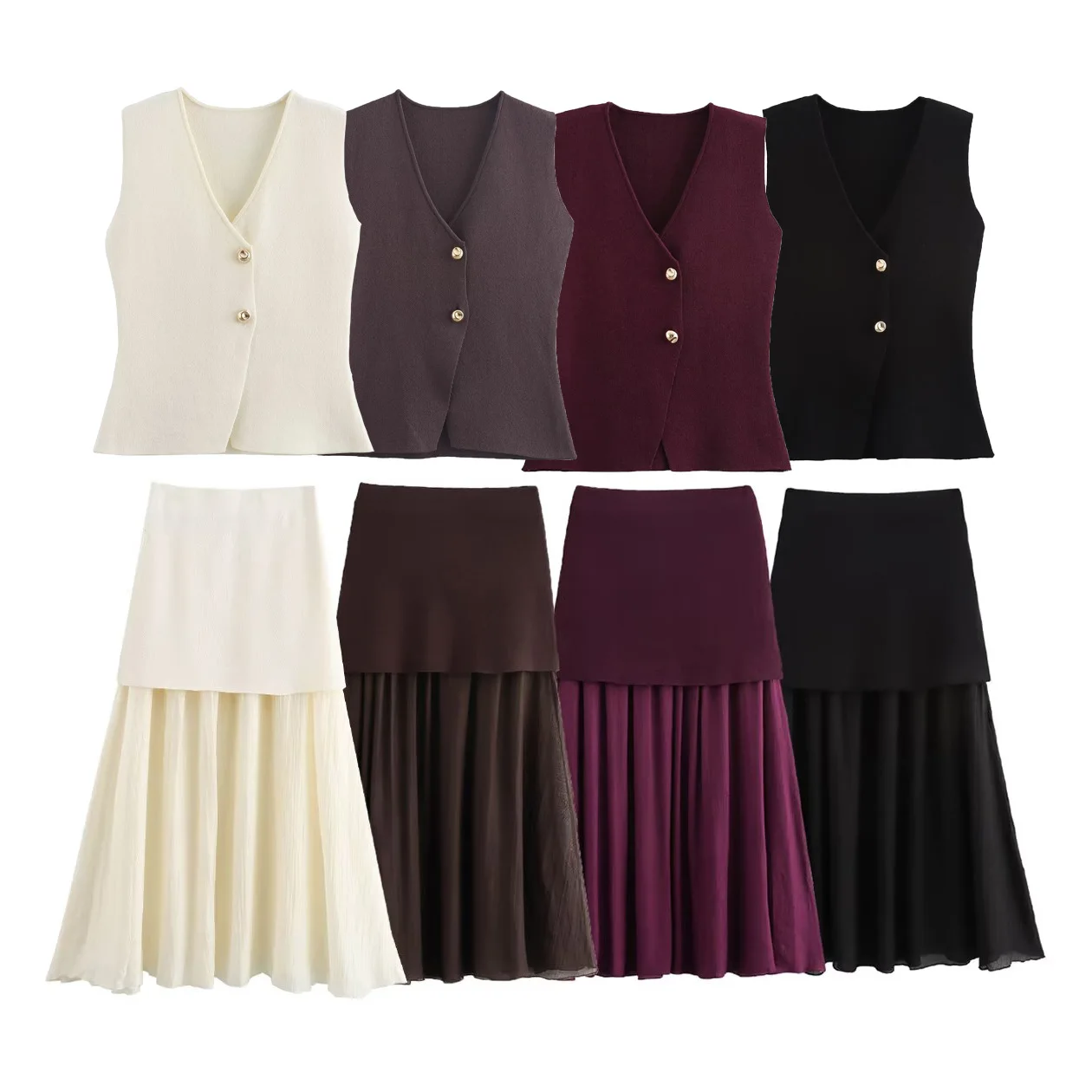 

New Summer 2024 Women's Knitted Vest Top V-Ne Buttoned Gold Buttons Pleated f Skirt Set Polyester Fiber Casual Sportswear