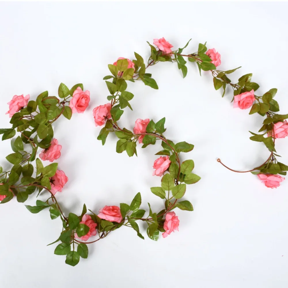 

1pc Artificial Plant 17 Silk Rose Flower Head Green Leaves Vine Hanging Wall Home Garden Decoration Supplies